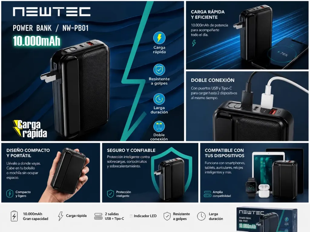 POWER BANK NEWTEC NW-PB01 – 10.000 mAh