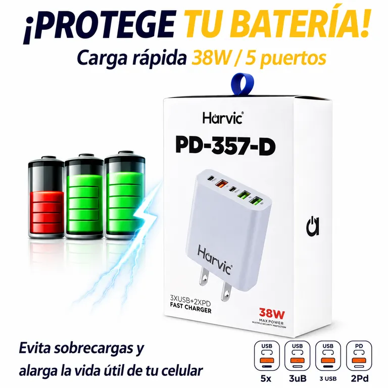 [CED-TEC-086] CARGADOR INTELIGENTE PD-357-5 HARVIC 38W USB-C