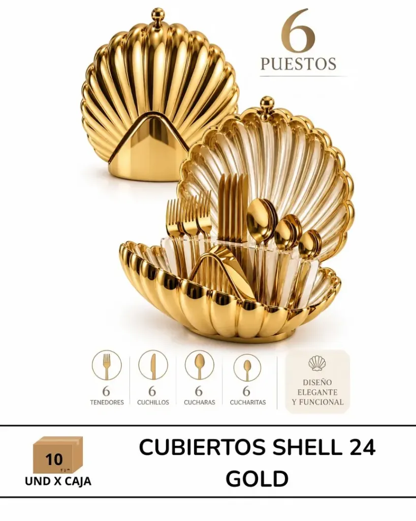 SET DE CUBIERTOS CONCHA DORADA 24 PIEZAS EN ACERO INOXIDABLE