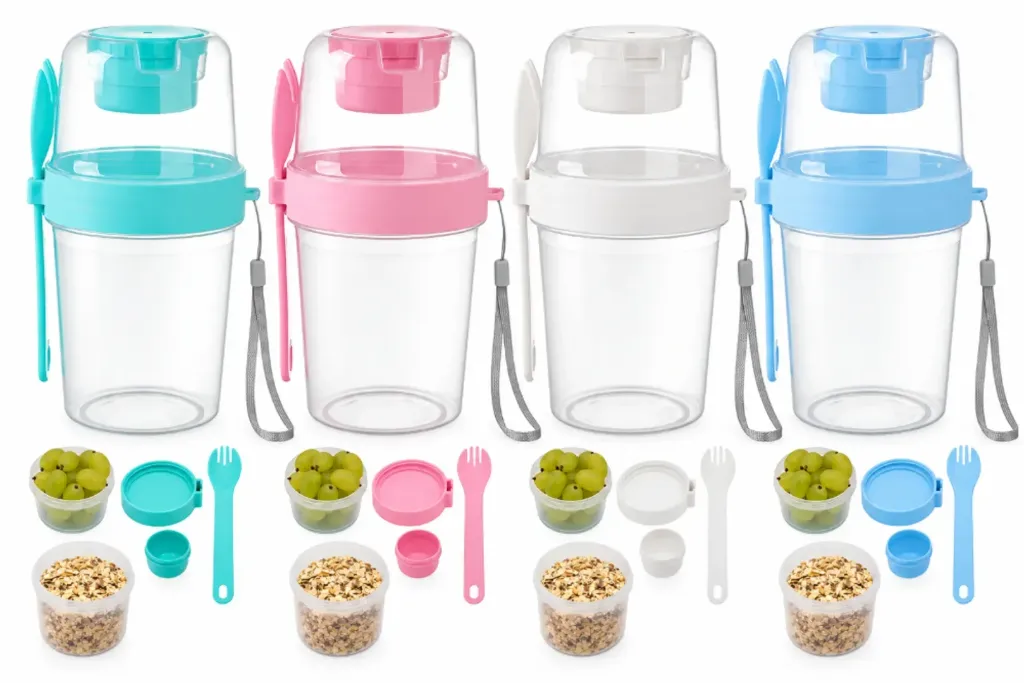 VASO DE CEREAL RECIPIENTE DOBLE TAPA CON CUCHARA