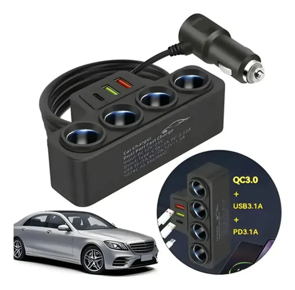 ADAPTADOR CARGADOR CIGARRERA CARRO X4 - CIGARETTE LIGHTER - 120W